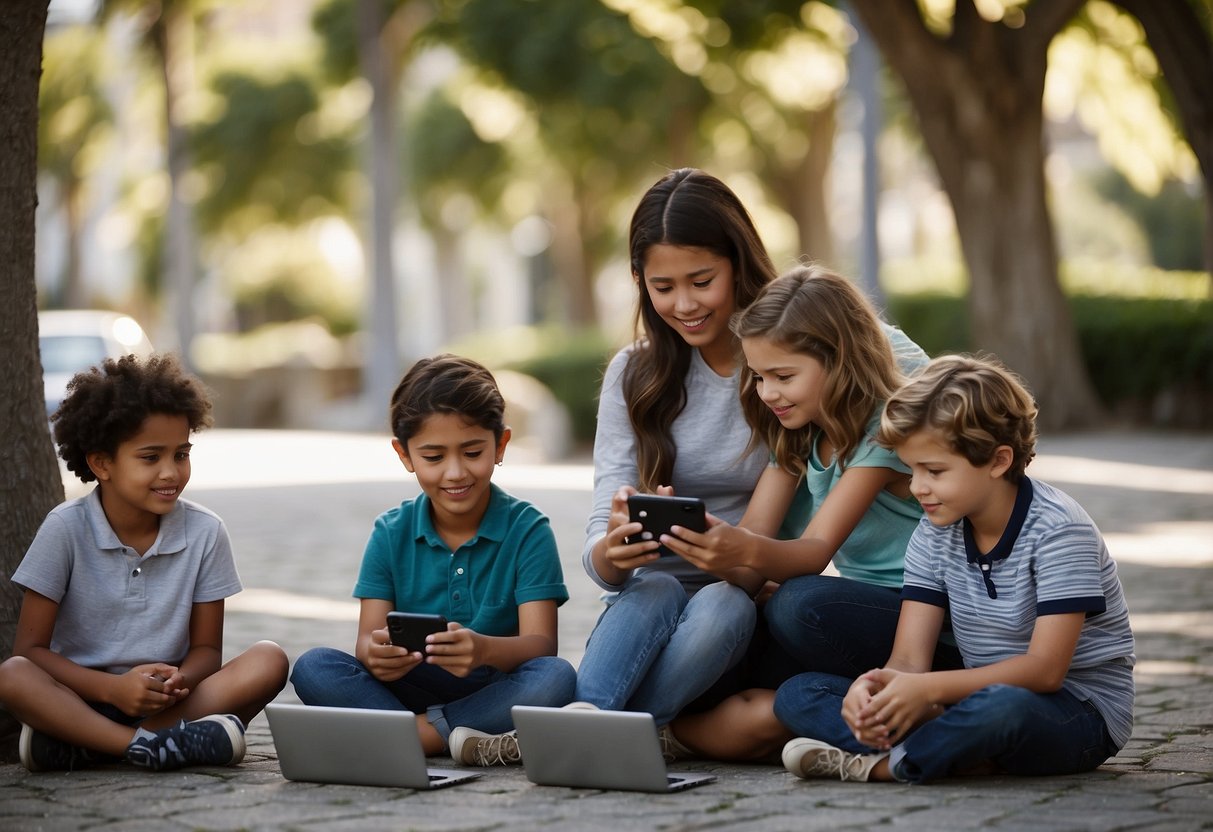 A group of children engage with digital devices while parents observe and guide from a distance. The scene exudes a sense of balance and harmony between technology and parental guidance