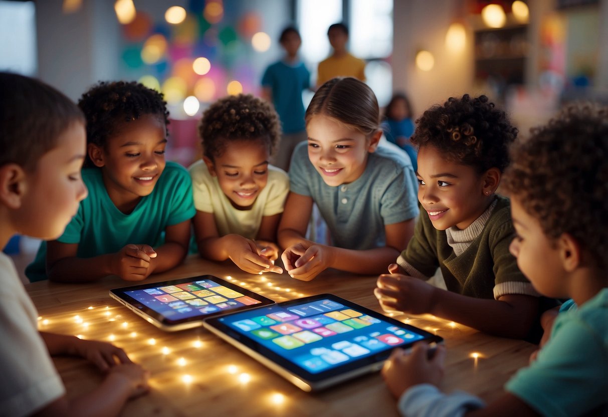 A diverse group of children engage with a variety of digital devices in a well-lit, organized space. The room is filled with colorful and educational screens, books, and interactive toys, creating a balanced and stimulating environment