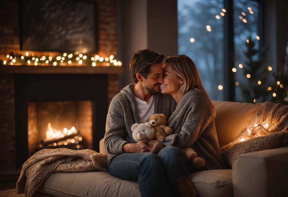 A cozy living room with soft lighting, warm blankets, and a crackling fireplace. A parent and child snuggle on a comfortable couch, surrounded by books and toys, sharing a peaceful and intimate moment