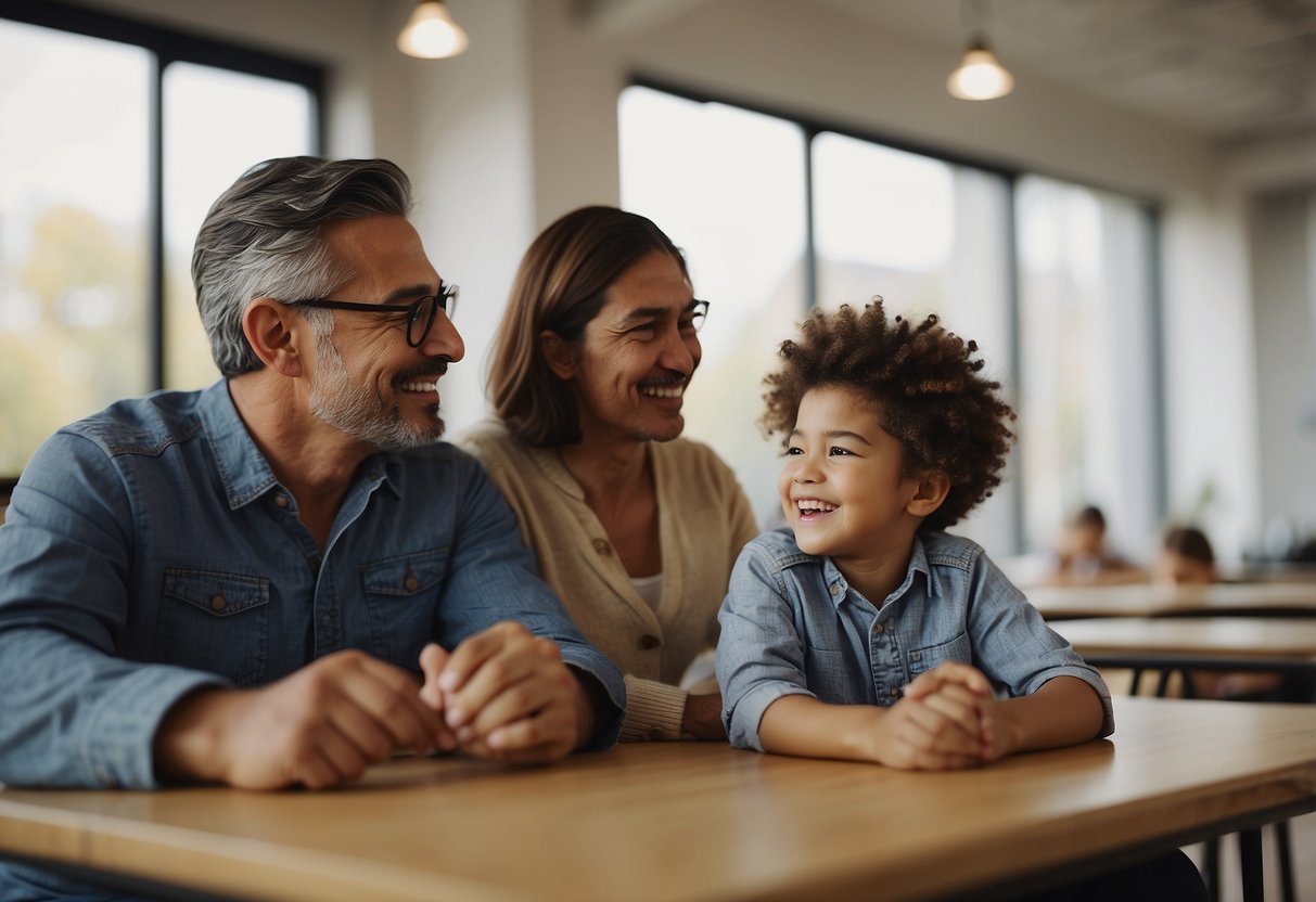 A diverse group of parents from different cultures, each with their own unique parenting style, gathered in a classroom setting, sharing their experiences and techniques with one another