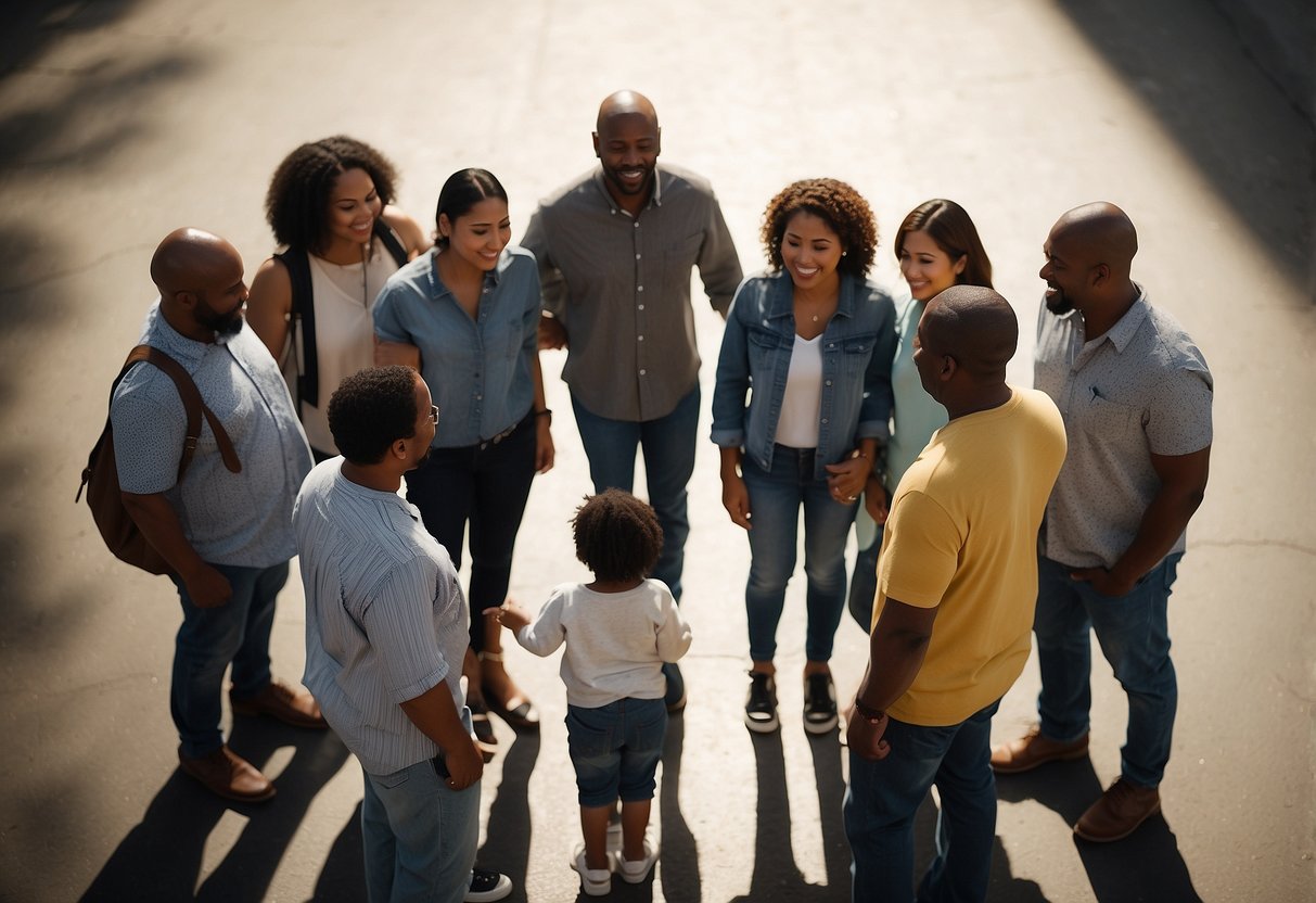 A group of diverse parents gather in a circle, sharing stories and wisdom. Symbols of unity and cultural diversity surround them