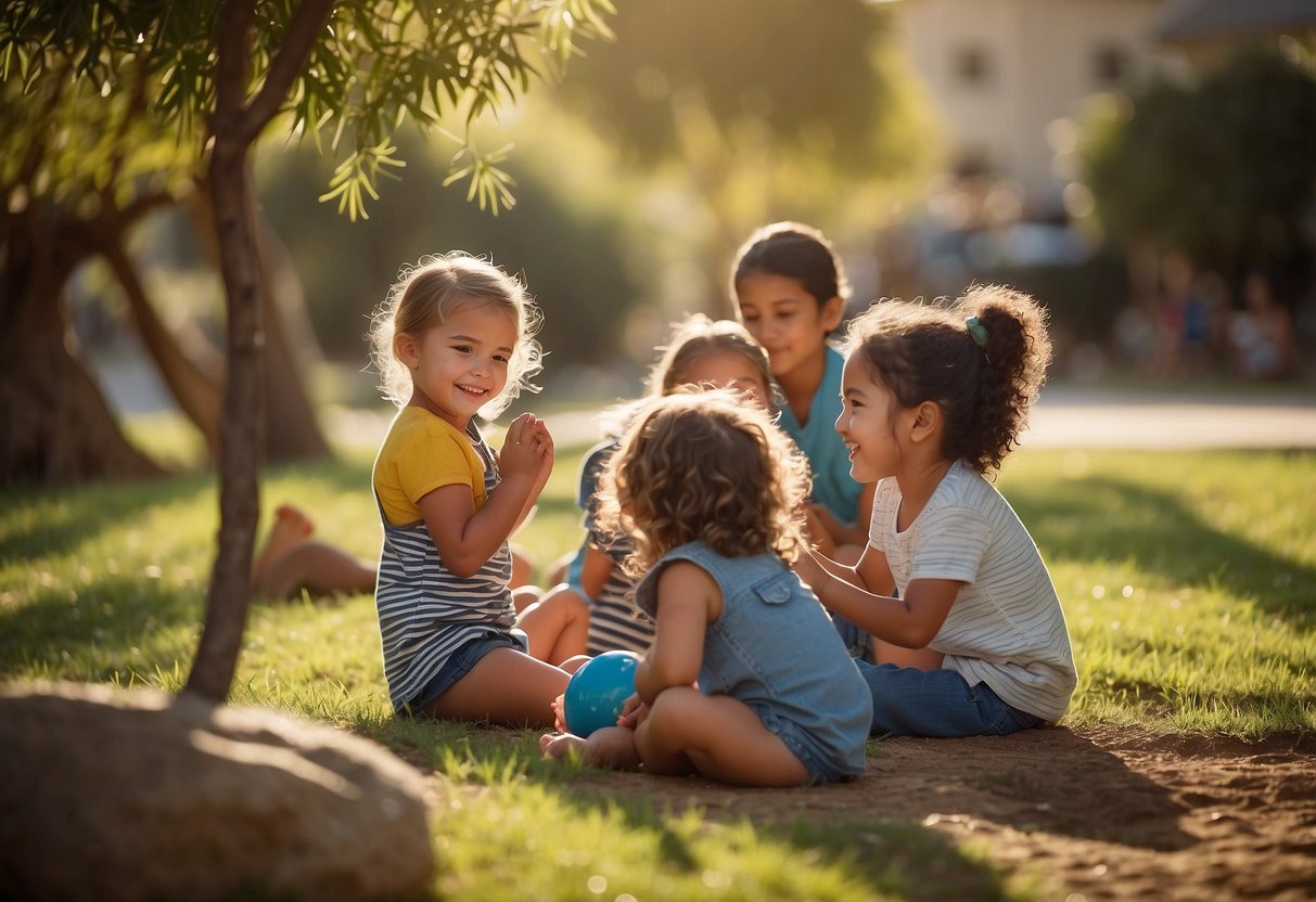 A group of children playing and learning together in a vibrant and diverse environment of a kibbutz, representing different parenting styles from around the world