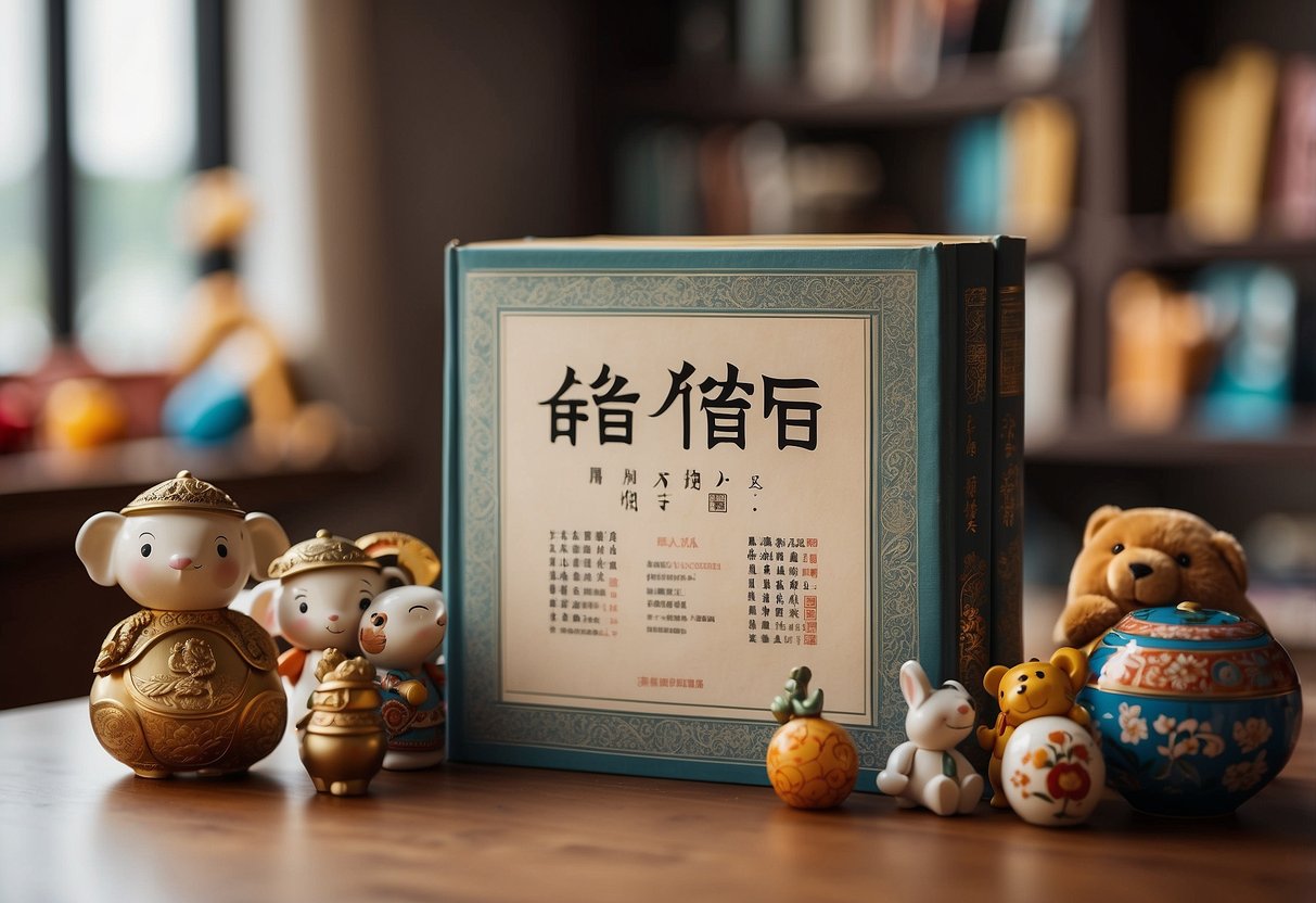 A Chinese Guan 10 parenting styles book surrounded by diverse cultural symbols and children's toys