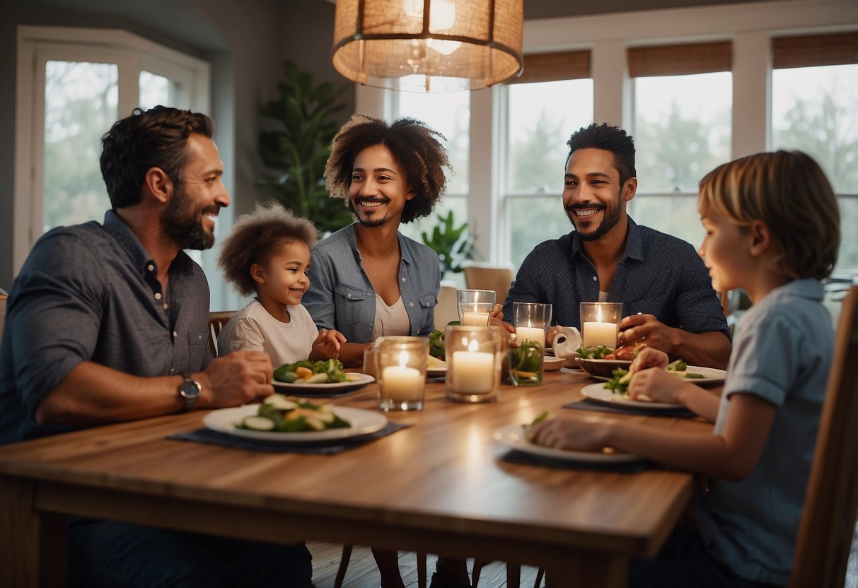 A family sitting around a dinner table, with parents engaging in open discussions with their children. The atmosphere is relaxed and nurturing, with a focus on mutual respect and understanding