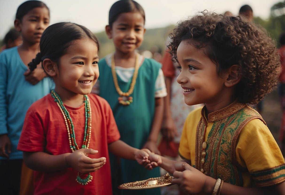 A diverse group of children engage in traditional cultural activities with their parents, showcasing unique and effective parenting approaches