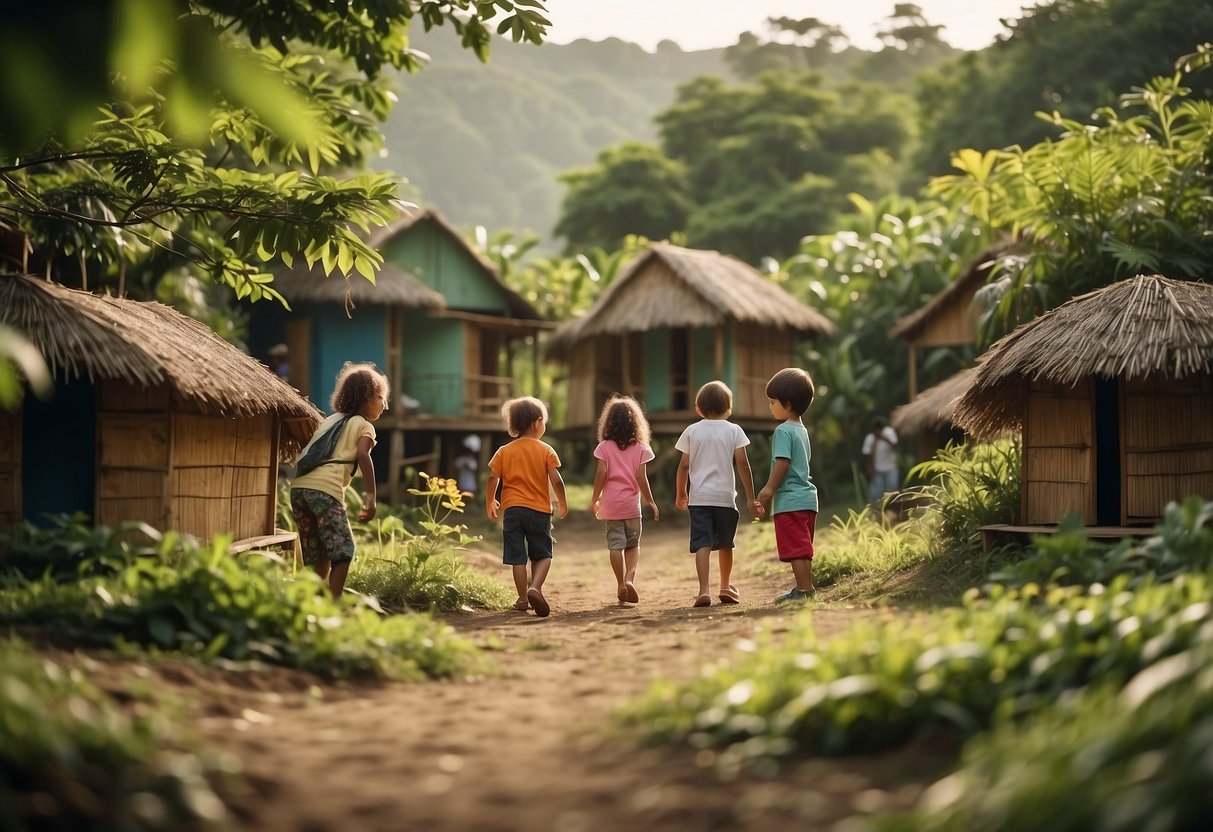 A group of huts surrounded by lush greenery, with children playing and adults engaging in communal childcare activities