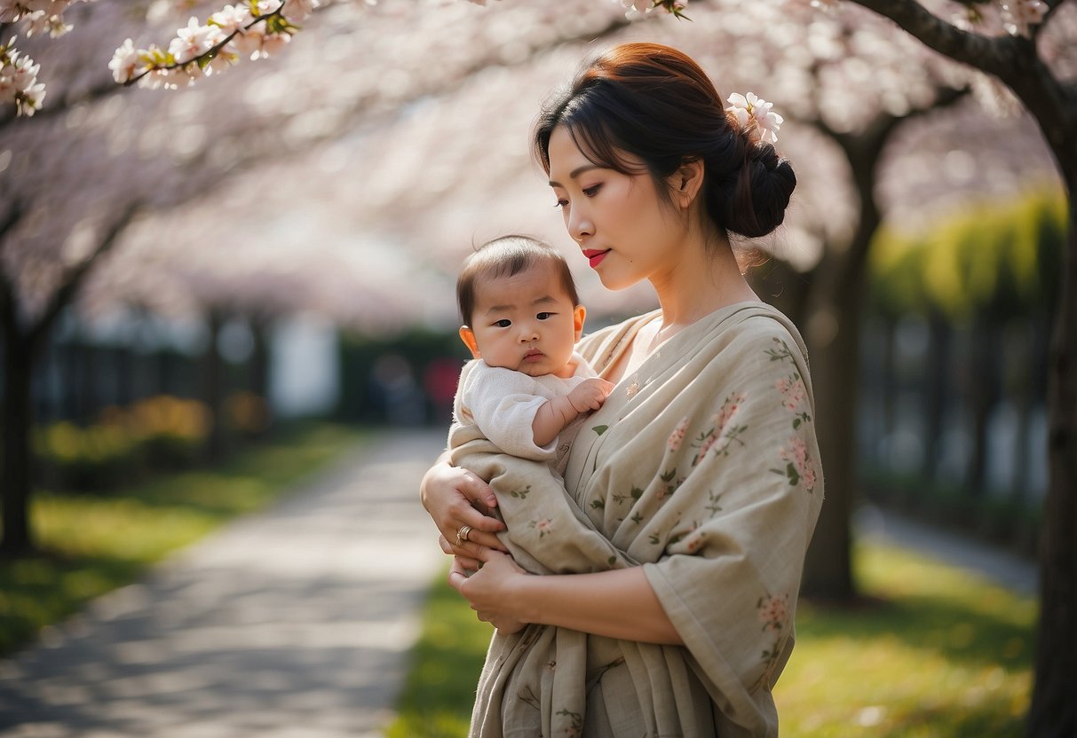 A Japanese mother gently cradles her baby in a traditional sling, surrounded by a serene garden with cherry blossom trees in full bloom