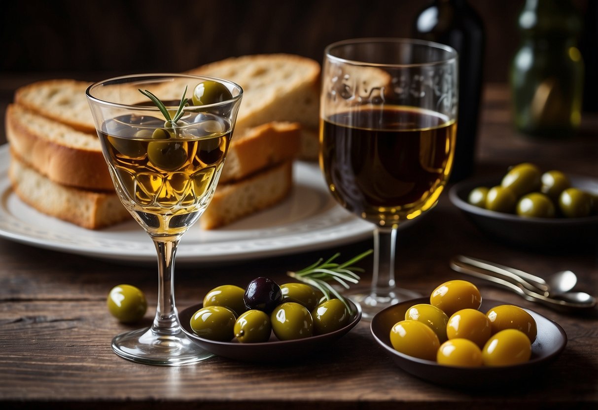 A table set with vermouth, olives, and tapas. A clock showing the time at 7 o'clock. A warm, inviting atmosphere