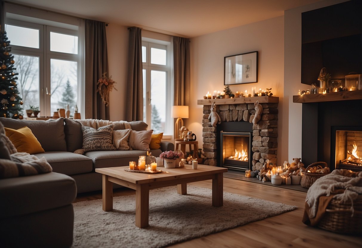 A cozy living room with a warm fireplace, a large dining table set for a family meal, and children's toys scattered around, creating a welcoming and relaxed atmosphere for German 'Feierabend' family time