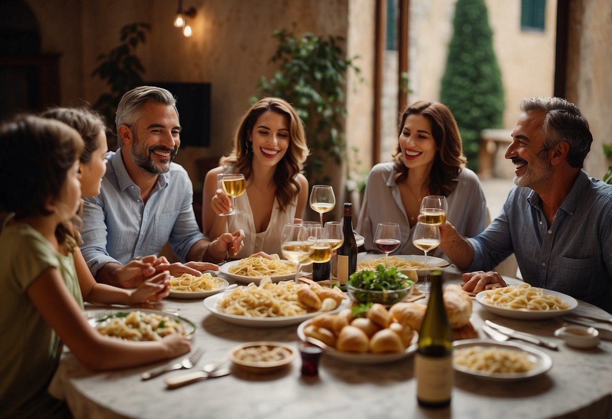 An Italian family gathers around a large table, sharing laughter and stories while enjoying a traditional meal of pasta, bread, and wine