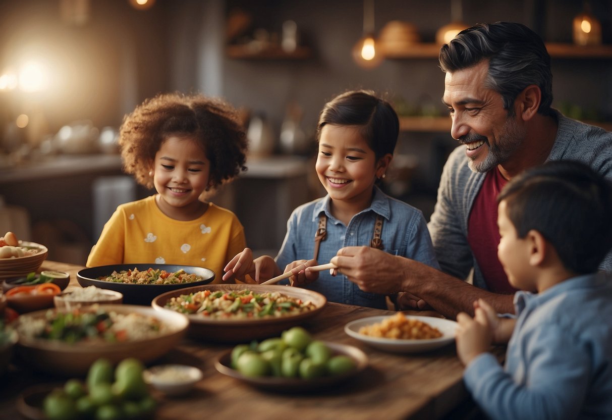 A diverse group of parents engaging in cultural activities with their children, such as cooking traditional foods or participating in cultural celebrations