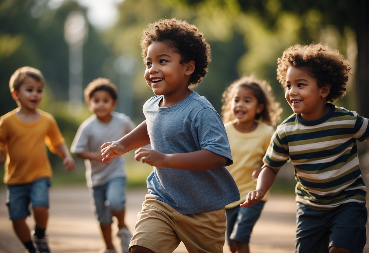 A diverse group of children playing together, reflecting different global parenting styles. Some are engaged in structured activities, while others play freely