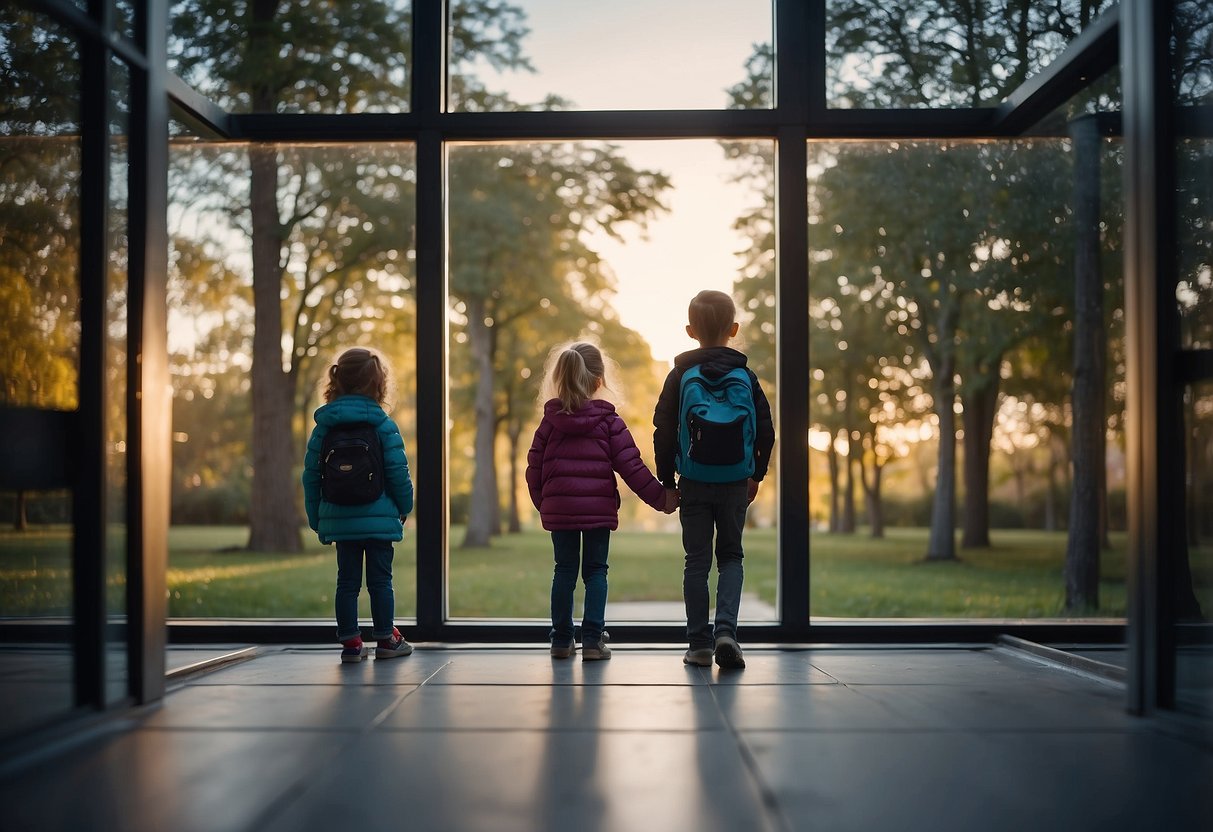 Children exploring a safe and open environment, making their own choices and decisions. Parents observing from a distance, allowing space for independence