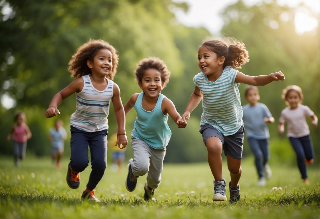 Children playing in a diverse outdoor environment, engaging in various activities such as running, jumping, and exploring nature. The scene is filled with joy and energy, reflecting the importance of outdoor play in global parenting styles