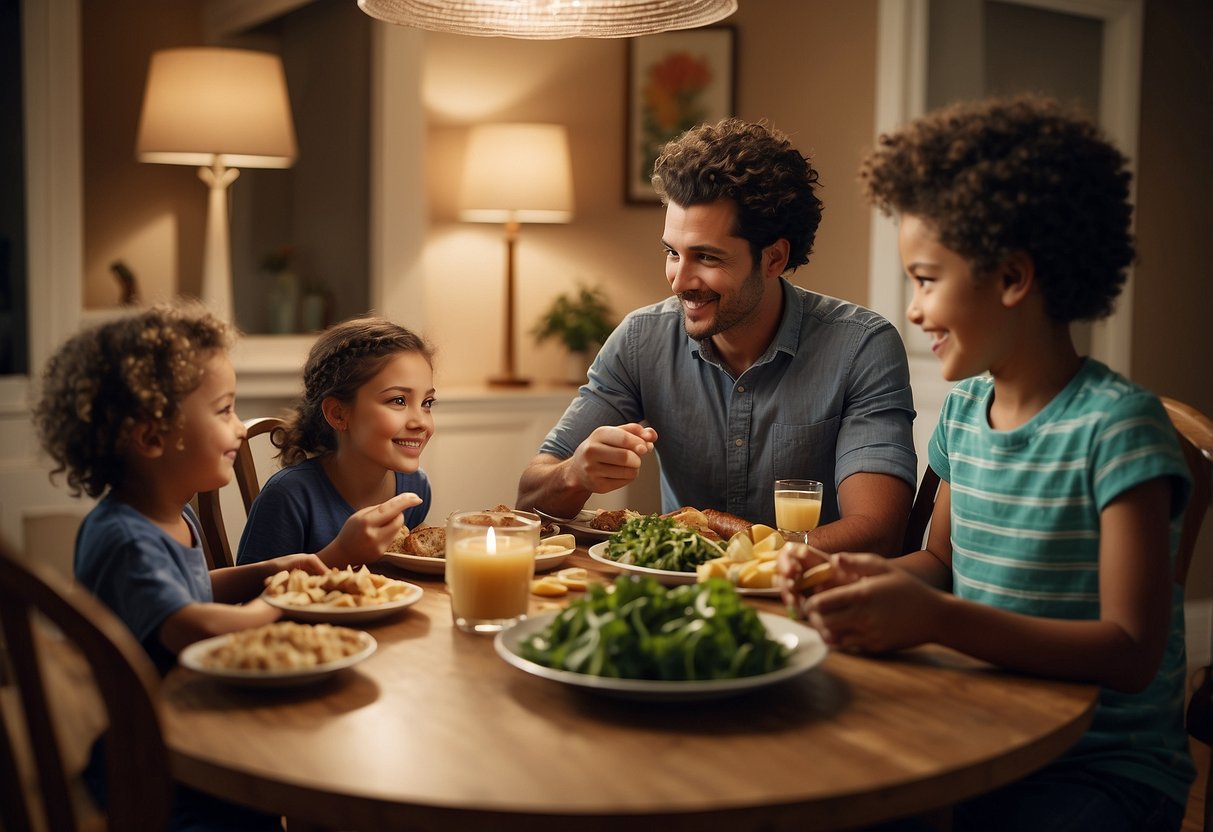 A family sitting around a dinner table, engaging in conversation and sharing a meal together. The children are actively participating in the discussion, displaying good manners and respect for their parents