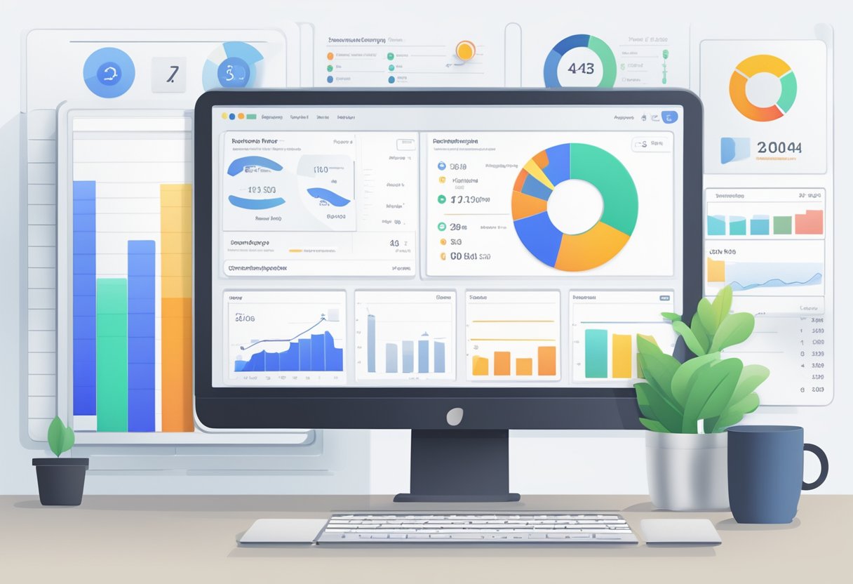 A computer screen displays a user-friendly interface with various tabs for scheduling, time tracking, and employee information. Graphs and charts show data analysis and performance metrics