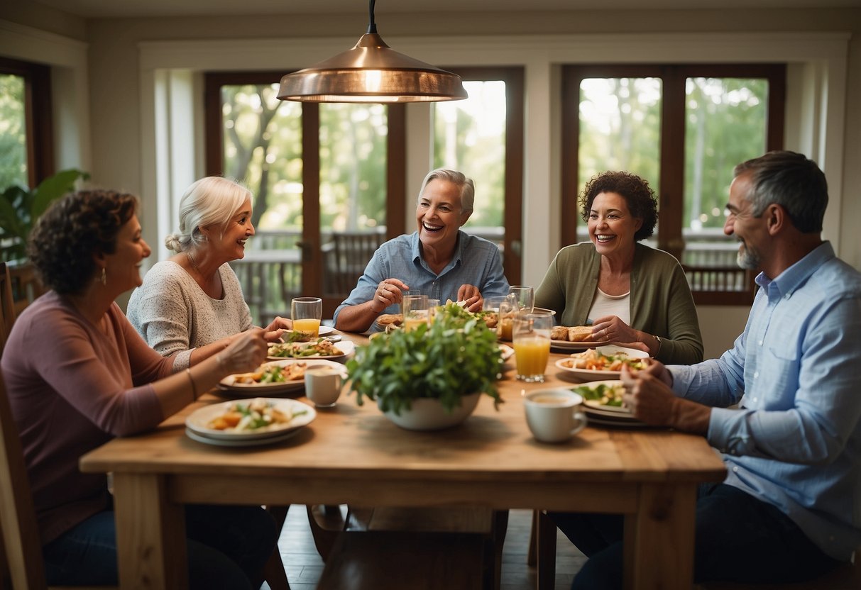 A family gathering around a table, sharing a meal and engaging in conversation. Different generations interacting and connecting, demonstrating the value of extended family involvement