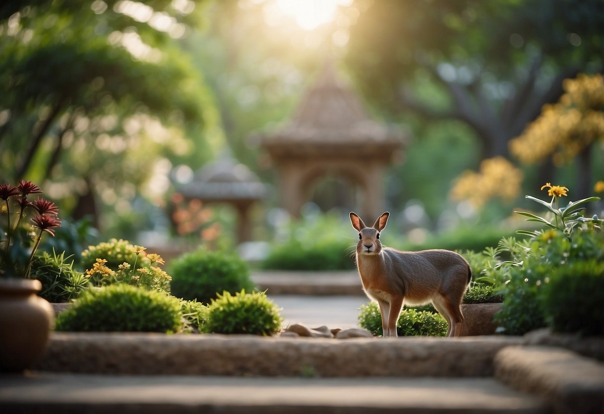 A serene garden with animals and plants coexisting peacefully, symbolizing reverence for all living beings in Jainism