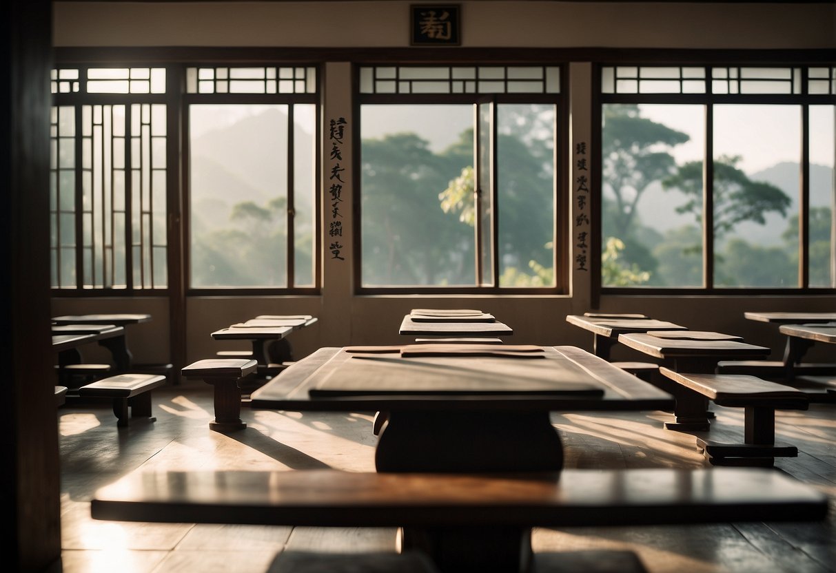 A serene classroom with traditional Chinese calligraphy and Confucian teachings displayed on the walls. Bright, natural light streams in, illuminating the room's focus on education and learning