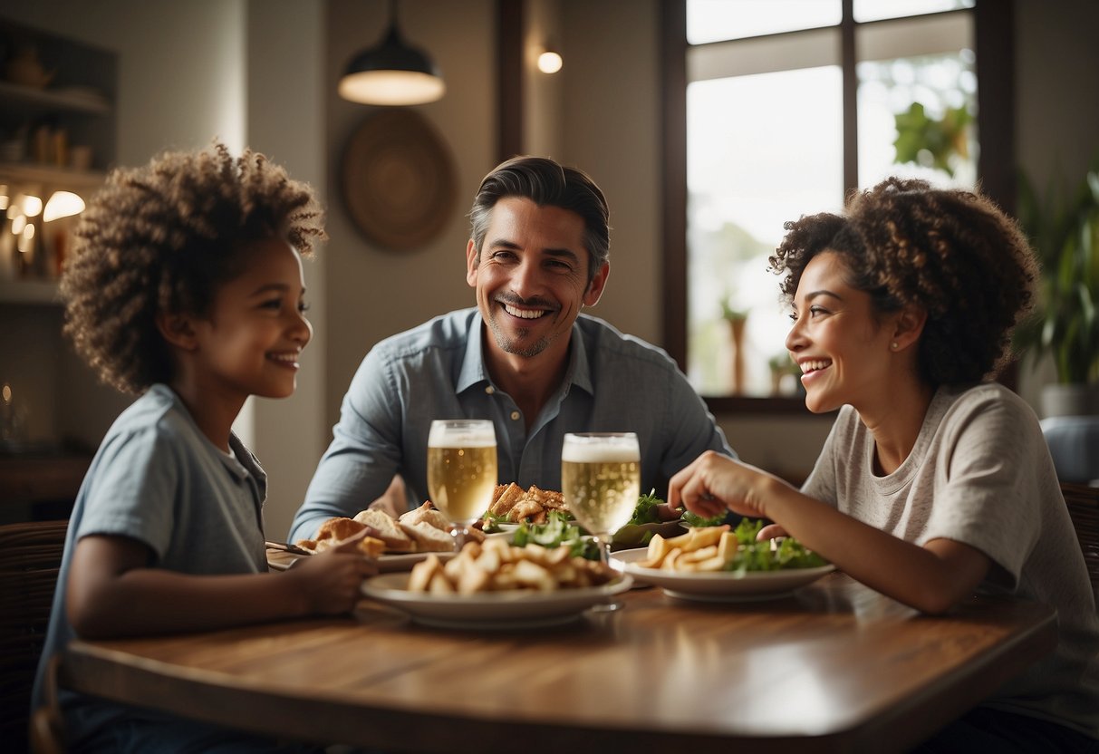 A family sitting around a table, sharing a meal and engaging in lively conversation, with gestures and expressions that convey warmth and closeness