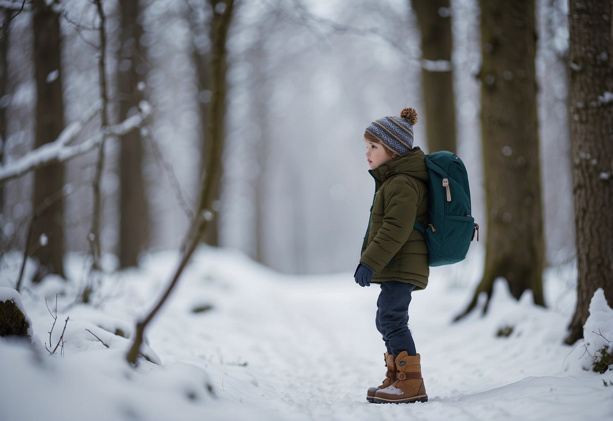 A young child confidently walks alone through a snowy forest, carrying a small backpack and a map, showing independence from a young age