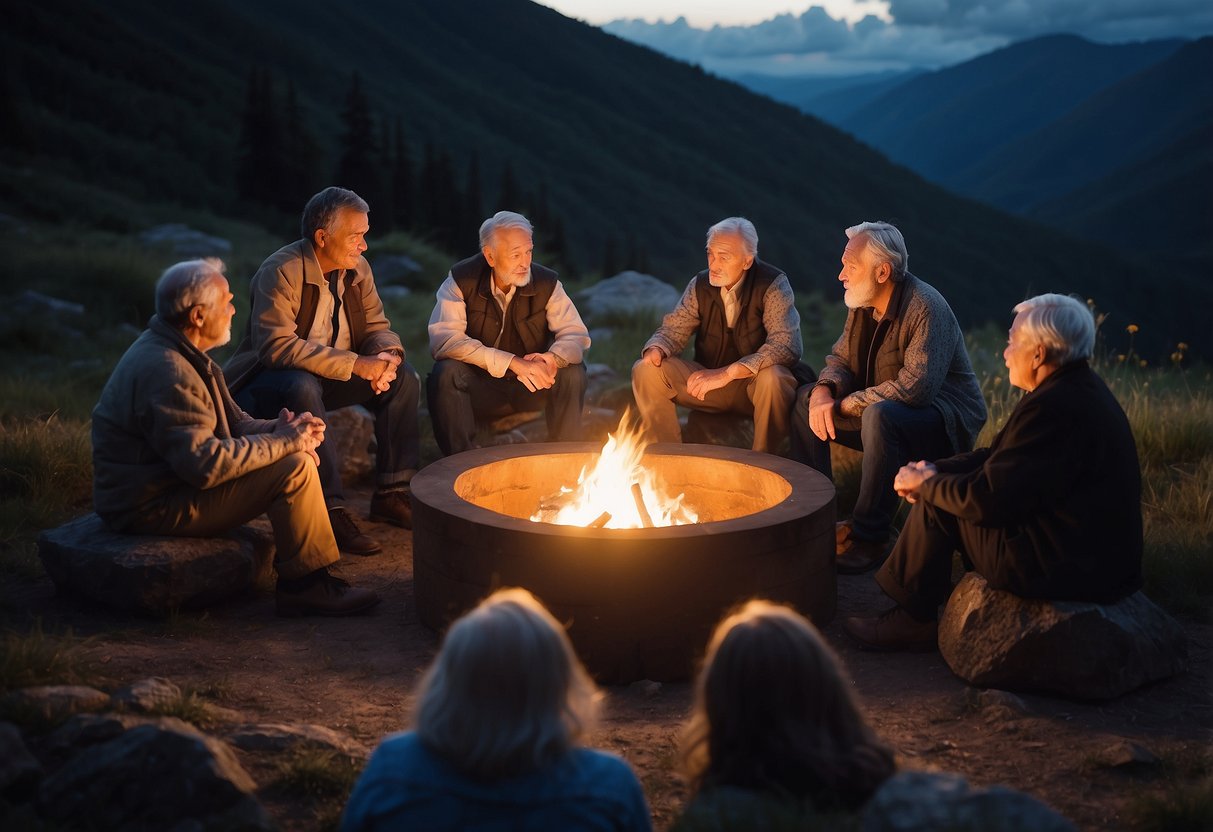 A circle of elders sits around a campfire, sharing stories through animated gestures and expressive faces. The stars twinkle above, adding to the enchanting atmosphere