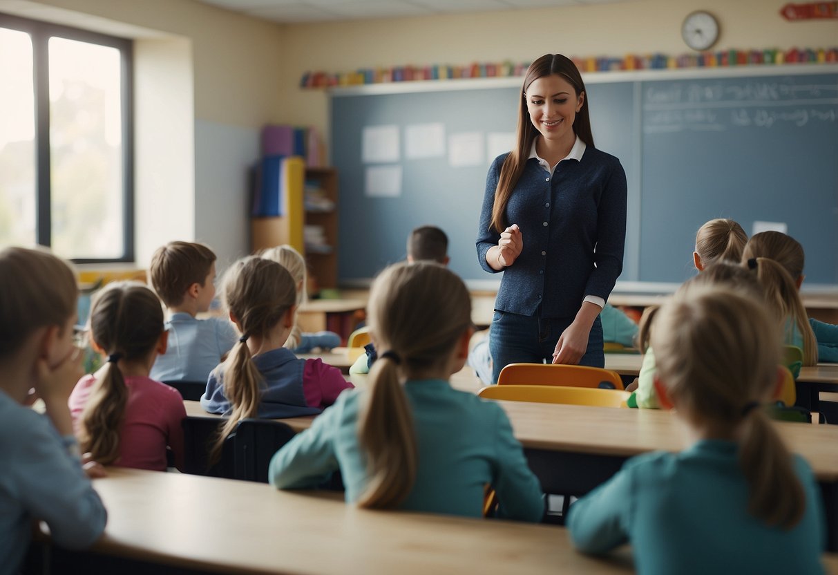 A peaceful, orderly classroom with children engaged in independent activities, while the teacher observes from a distance, maintaining a calm and respectful environment