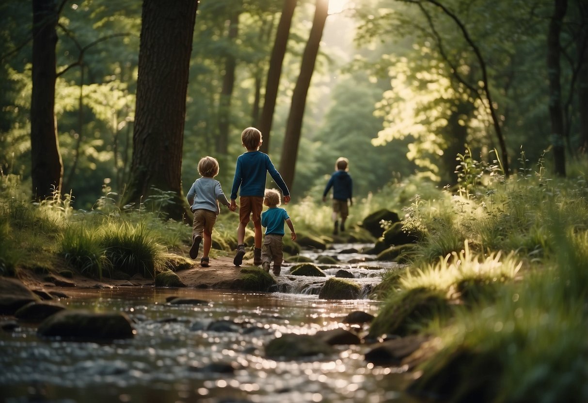 A serene forest clearing with children playing in the natural surroundings, surrounded by tall trees, and a gentle stream running through the landscape