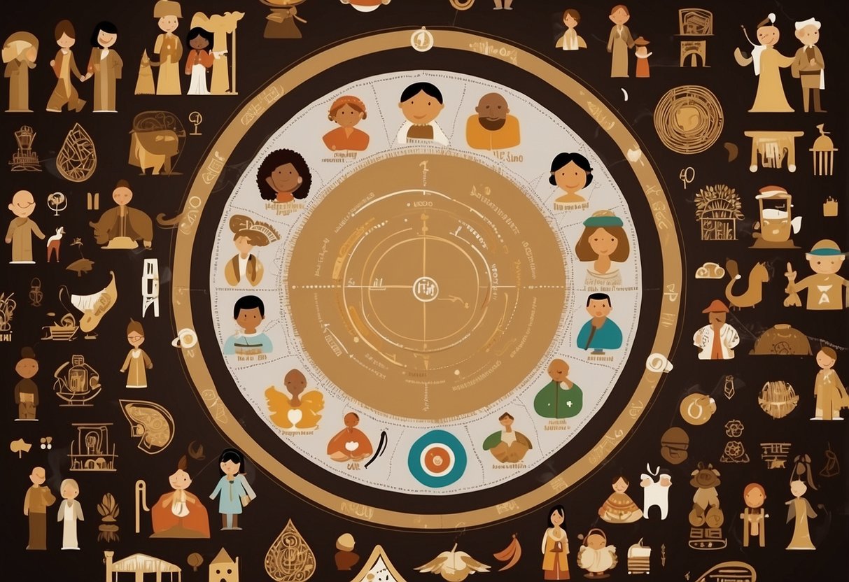 A diverse group of symbols representing different cultures' parenting philosophies arranged in a circle, with lines connecting similar concepts