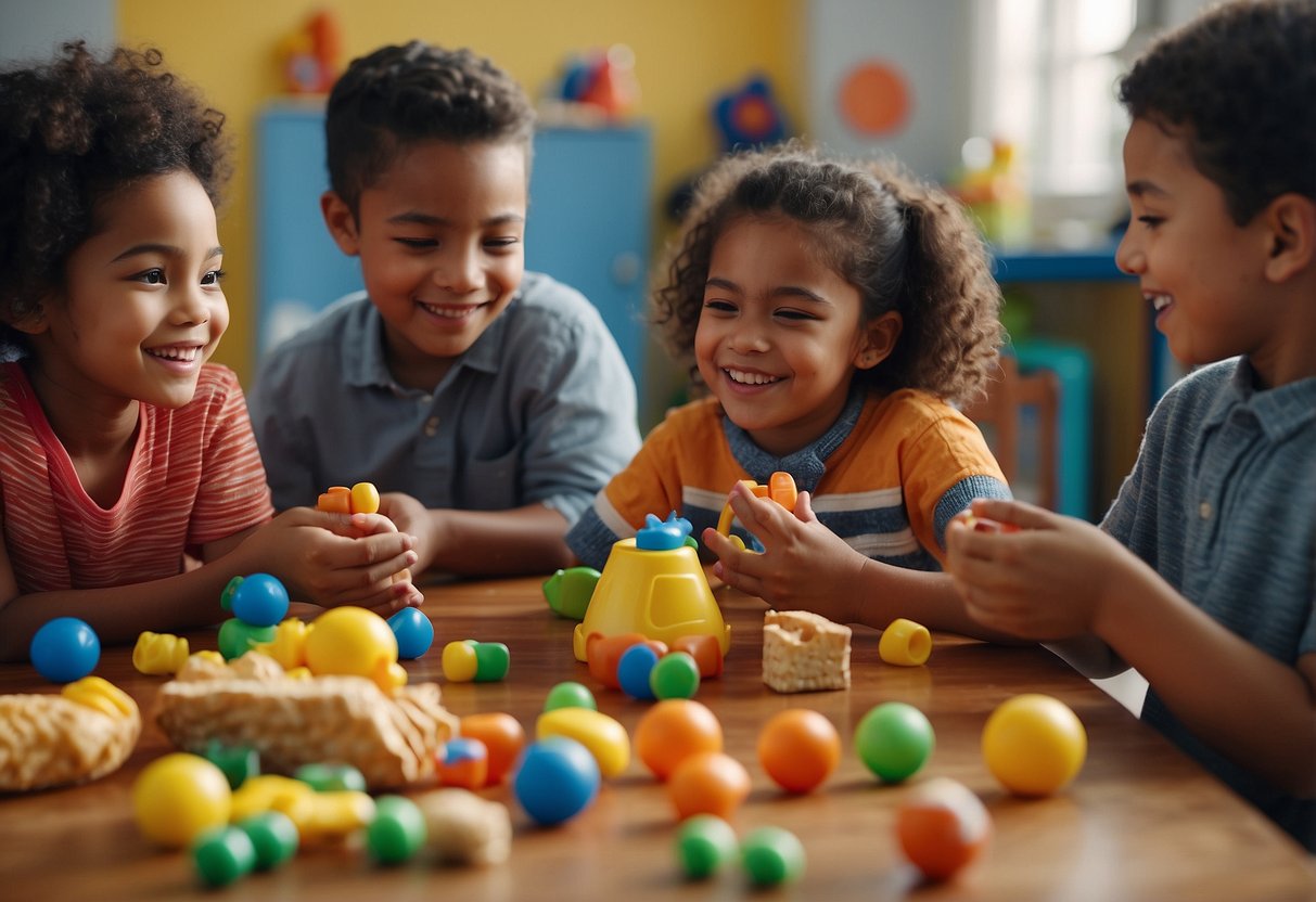 A diverse group of children playing together, sharing toys and snacks, while adults from different cultures observe and interact with them