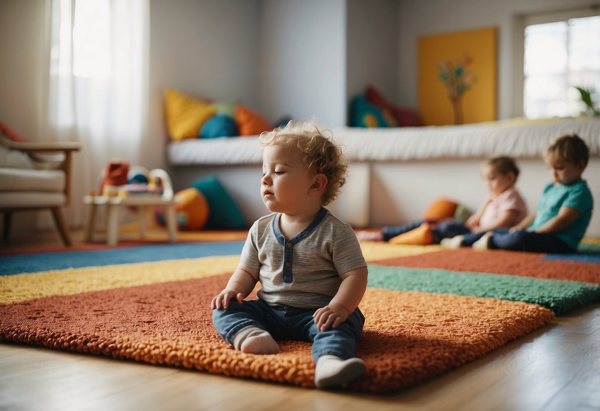 A group of toddlers napping on colorful mats in a sunlit room, with soft music playing in the background