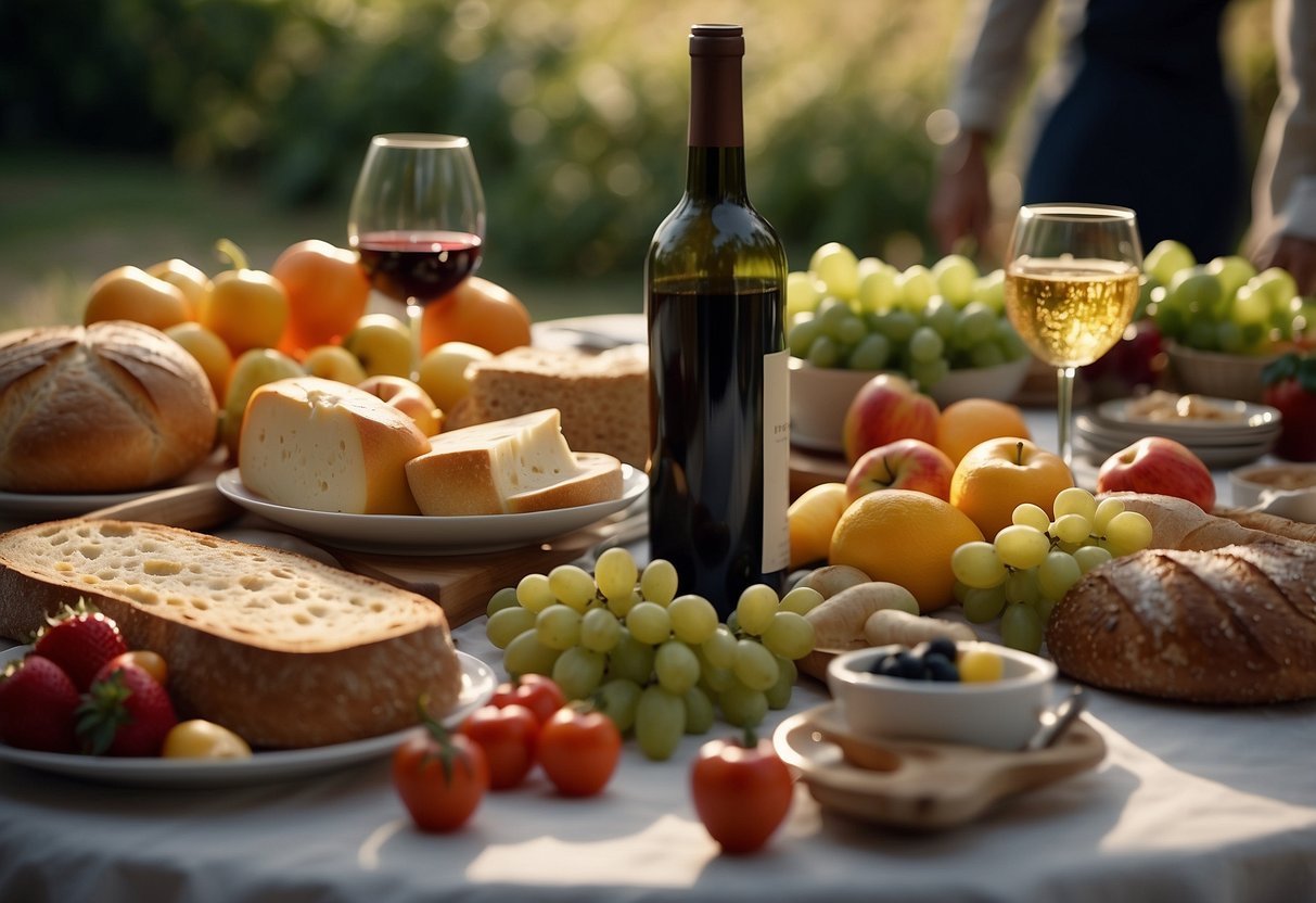 A table set with a variety of fresh fruits, vegetables, cheeses, and bread, with a bottle of wine and a baguette, surrounded by a group of people enjoying a leisurely meal together