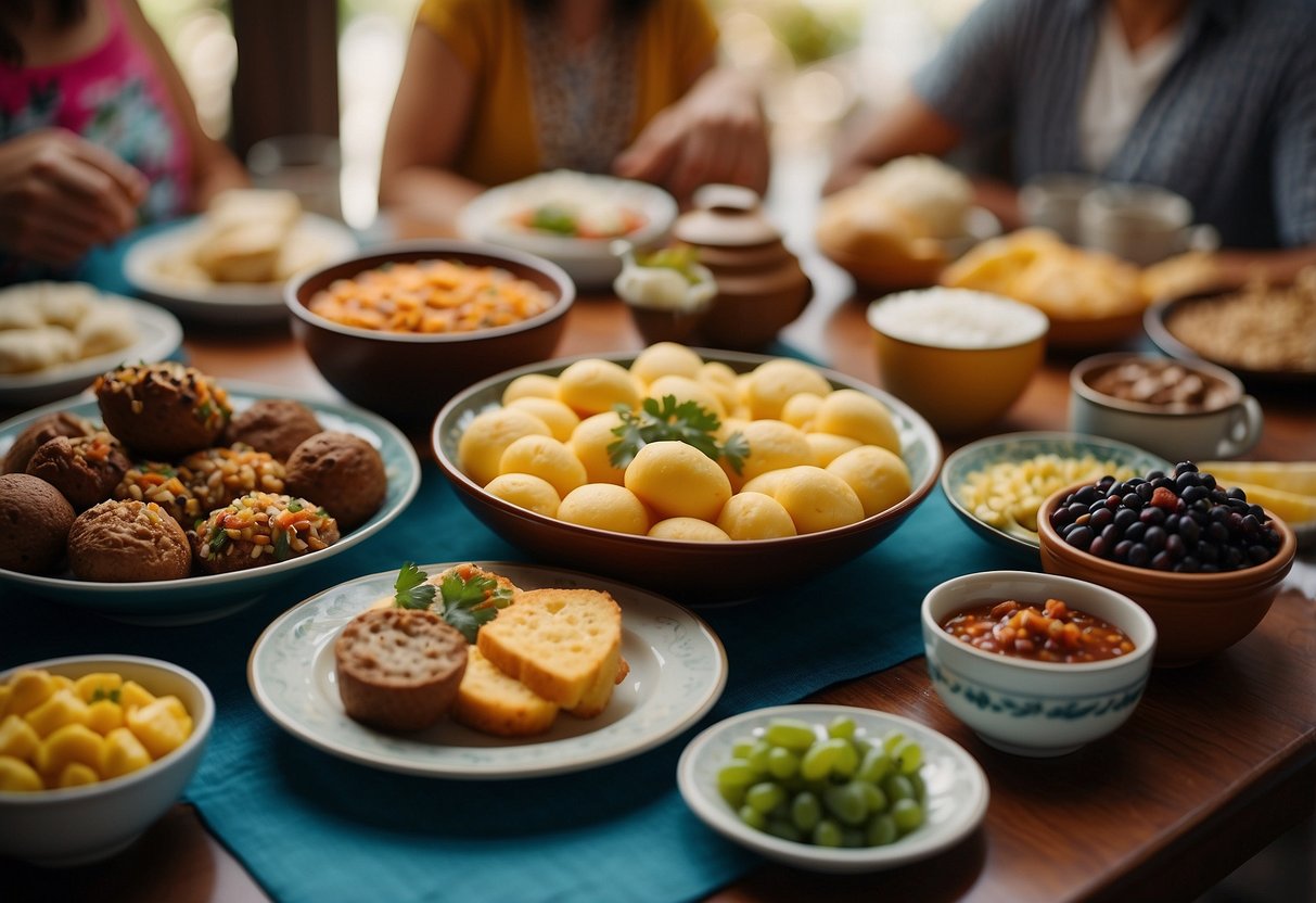 A table set with colorful dishes, surrounded by family members sharing food and conversation. Traditional Brazilian dishes like feijoada and pão de queijo are prominently featured