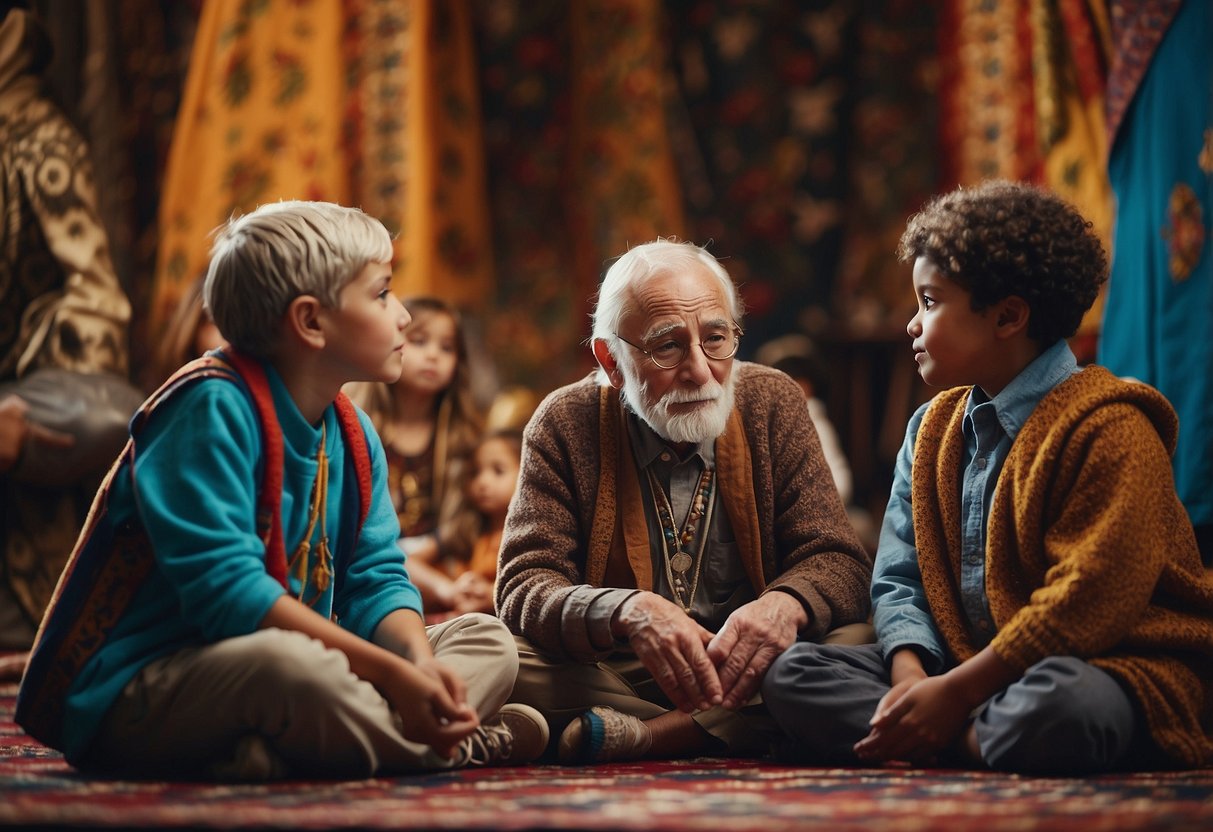 A group of children sit cross-legged around a wise elder, listening intently as they are captivated by the animated gestures and expressive facial expressions of the storyteller. The room is adorned with vibrant tapestries and intricate patterns, creating a warm and