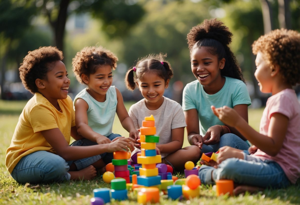 A diverse group of children playing together, engaging in various cultural activities, while parents observe and interact, showcasing global parenting techniques