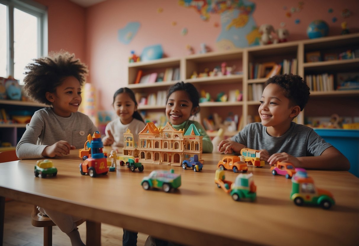 A diverse group of children playing with toys from different cultures in a multicultural playroom. Symbols of various countries decorate the walls, and books in different languages are neatly arranged on shelves