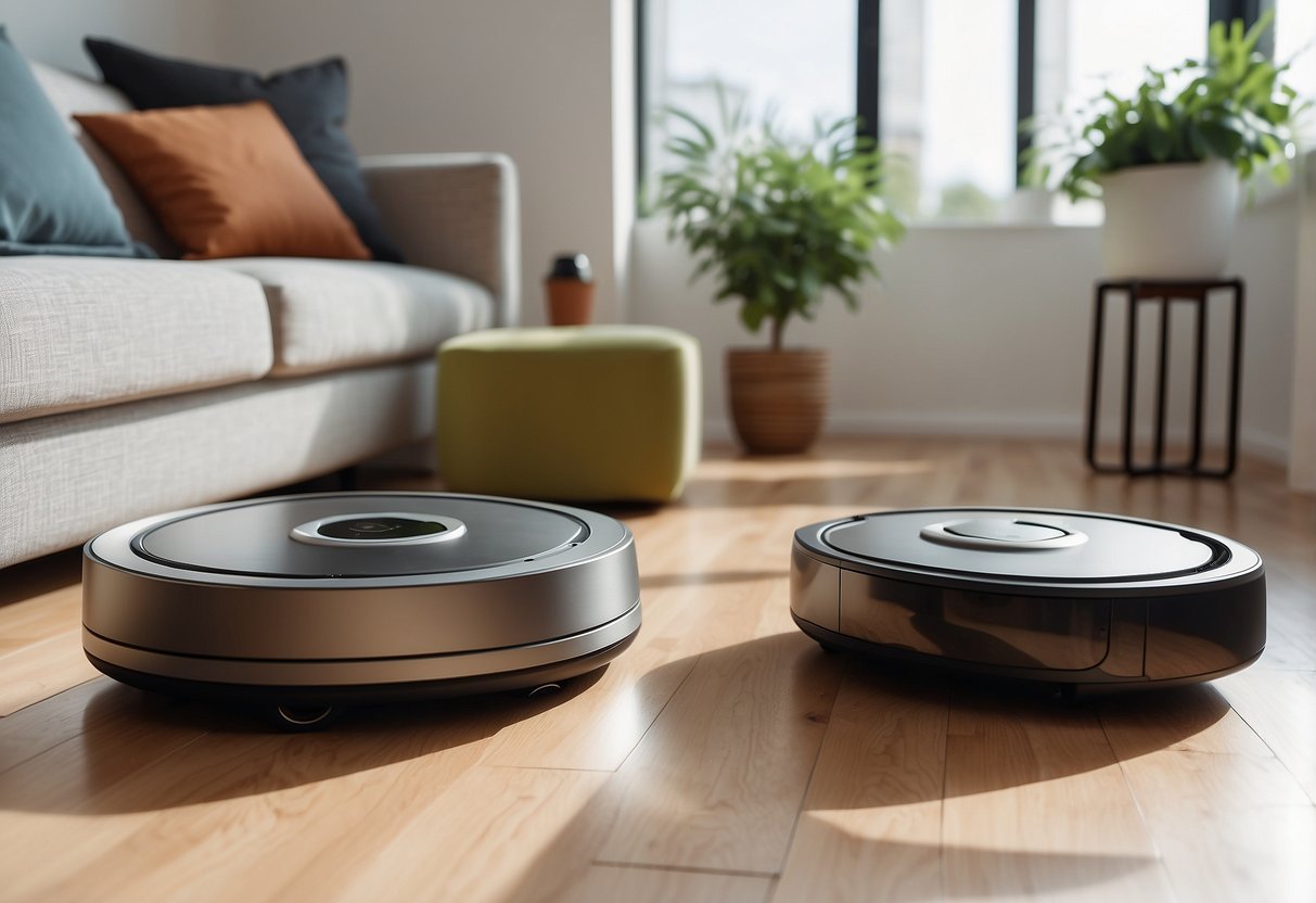 Two robotic vacuum cleaners face off in a sleek, modern living room setting, with clean lines and minimalistic decor. The Roborock and Roomba are positioned on opposite ends, ready for a showdown