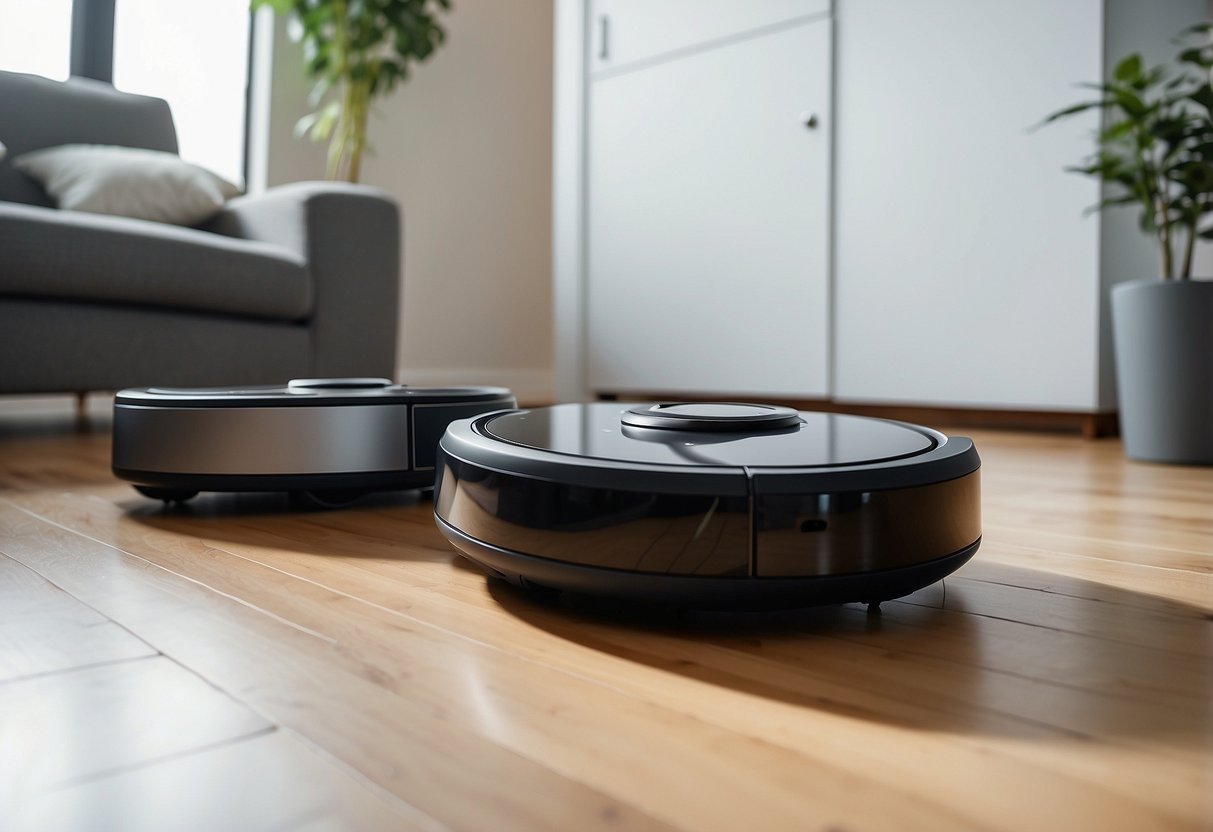 Two robot vacuum cleaners side by side, with the Roborock on the left and the Roomba on the right. They are both in a clean and tidy living room setting