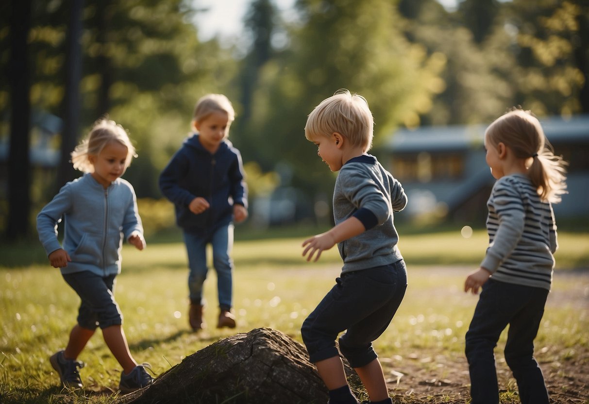 Children playing freely in a Finnish schoolyard, surrounded by nature and engaging in unstructured play. Parents observing from a distance, allowing their children independence