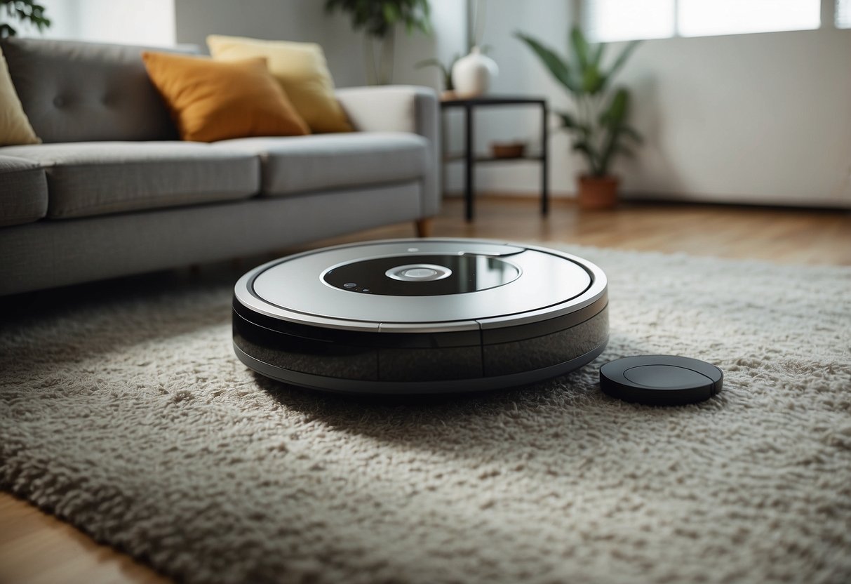 Roborock and Roomba robots cleaning side by side in a modern living room with advanced technologies visible