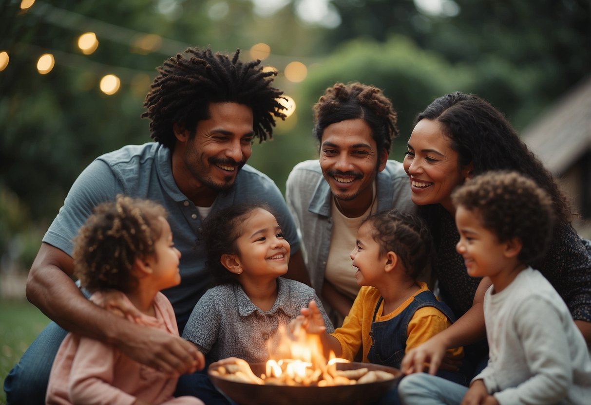 A diverse group of parents engage in cultural parenting practices, including storytelling, family rituals, and community involvement. The atmosphere is warm and nurturing, with an emphasis on love and connection