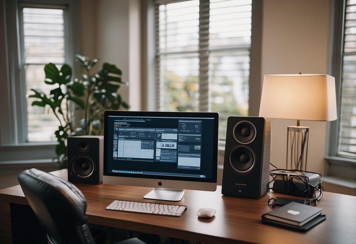 A modern home office with a computer, headset, and organized desk. A virtual assistant working remotely in 2024