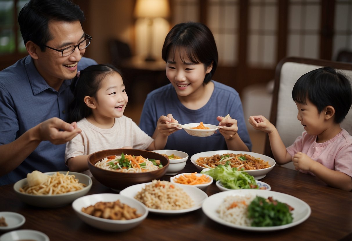 A family sitting around a low table, sharing a meal. Traditional Korean dishes are spread out, and the parents are engaging their children in conversation, teaching them cultural values and customs