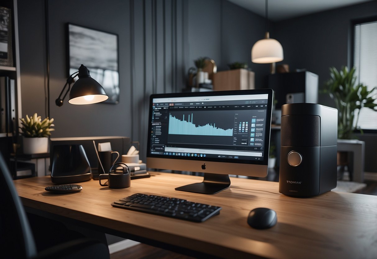 A modern home office with a computer, headset, and organized desk. A virtual assistant works remotely in 2024