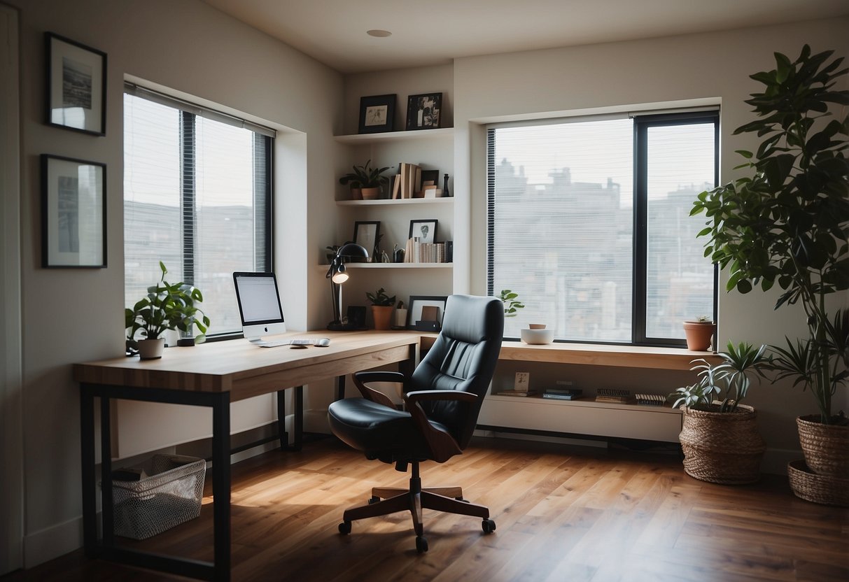 A modern home office with a sleek desk, computer, and organized supplies. A comfortable chair and natural light create a welcoming workspace