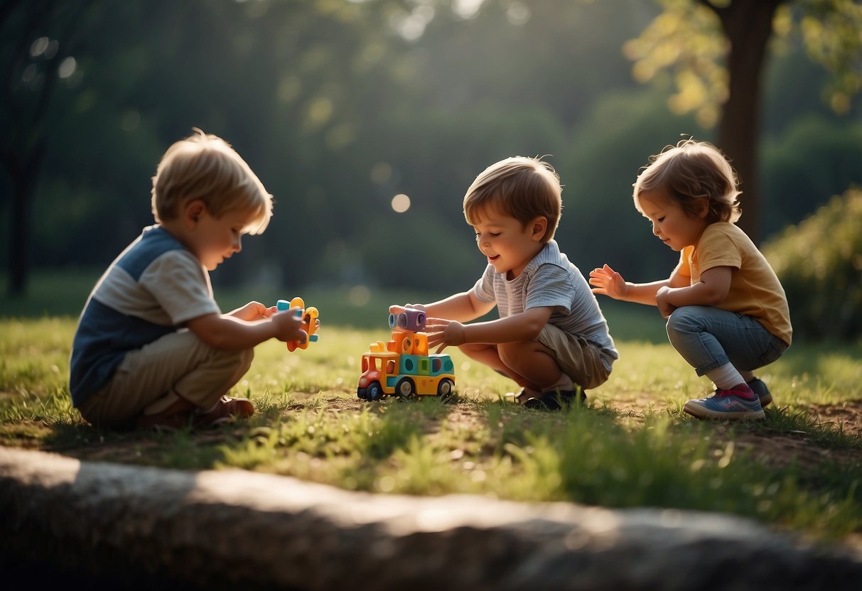 Children playing freely in a spacious, natural environment with minimal adult supervision. Various cultural symbols and toys are scattered around, representing global parenting styles