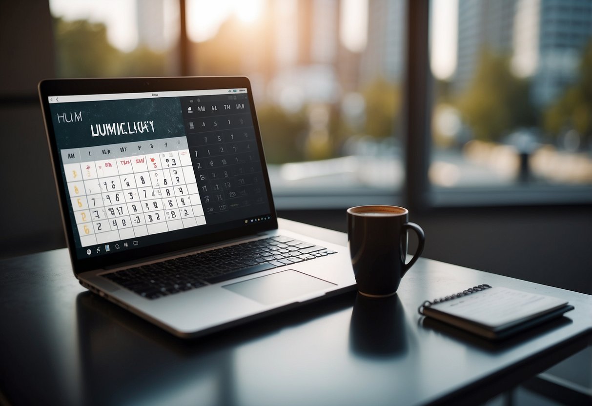 A laptop, notebook, and pen sit on a desk with a calendar and clock in the background. A virtual assistant logo is displayed on the screen