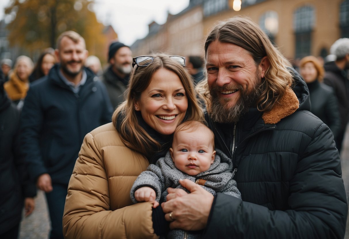 A parent holding a baby while surrounded by a supportive community, symbolizing the global impact of Swedish parental leave on happier kids