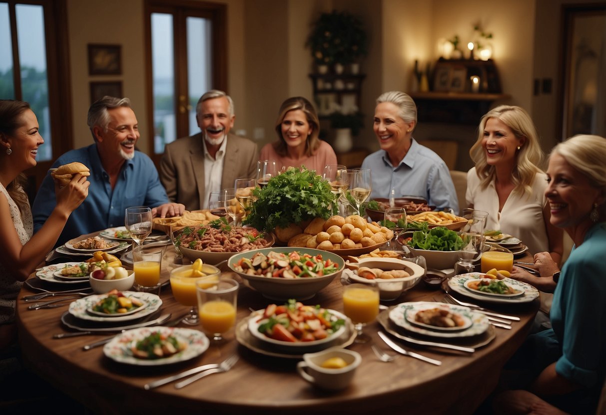 A large dining table set with colorful dishes, surrounded by family members laughing and talking. A variety of Italian dishes are being passed around as everyone enjoys a lively and warm meal together