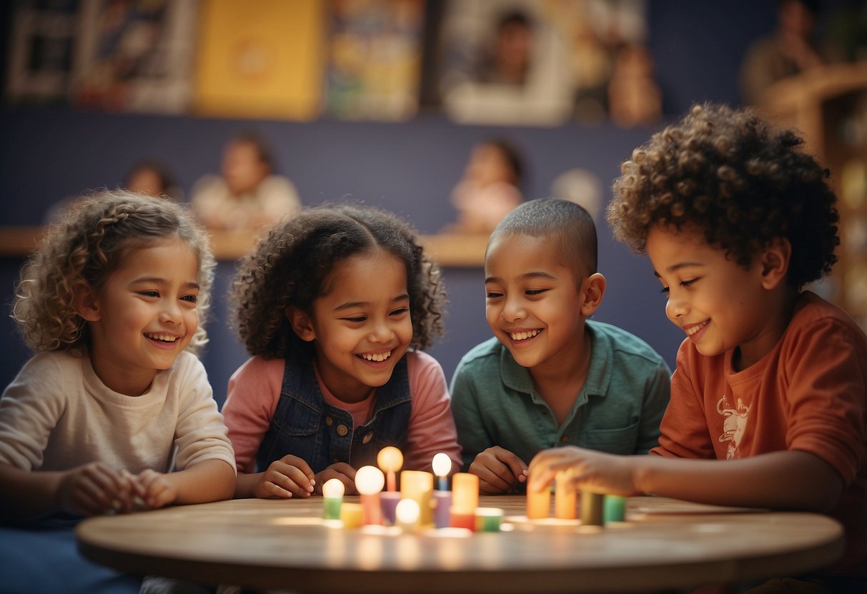 A diverse group of children happily engage in cultural activities, surrounded by images of global parenting styles